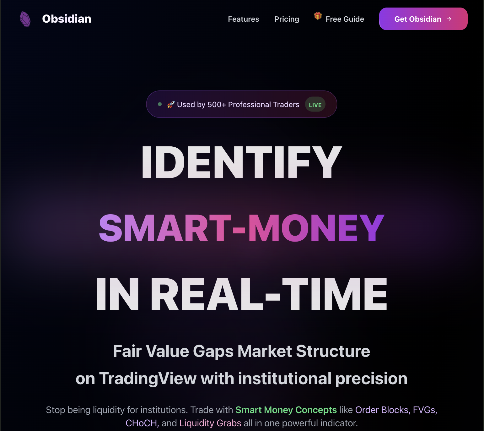 High-conversion landing page for ObsidianAlgo built by Synapsed Infotech, showcasing trading intelligence and clear call to action